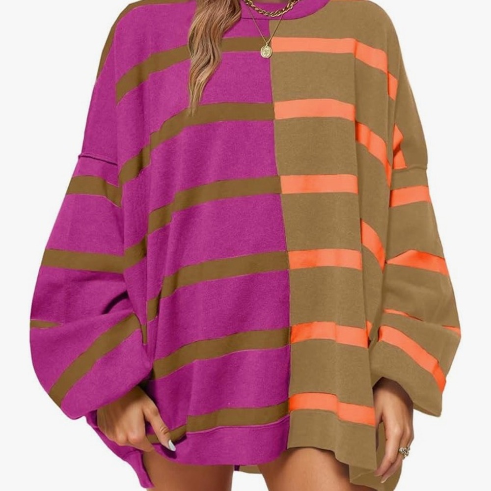 Amazon Women's Striped Crew Neck Sweater - Purple and Orange